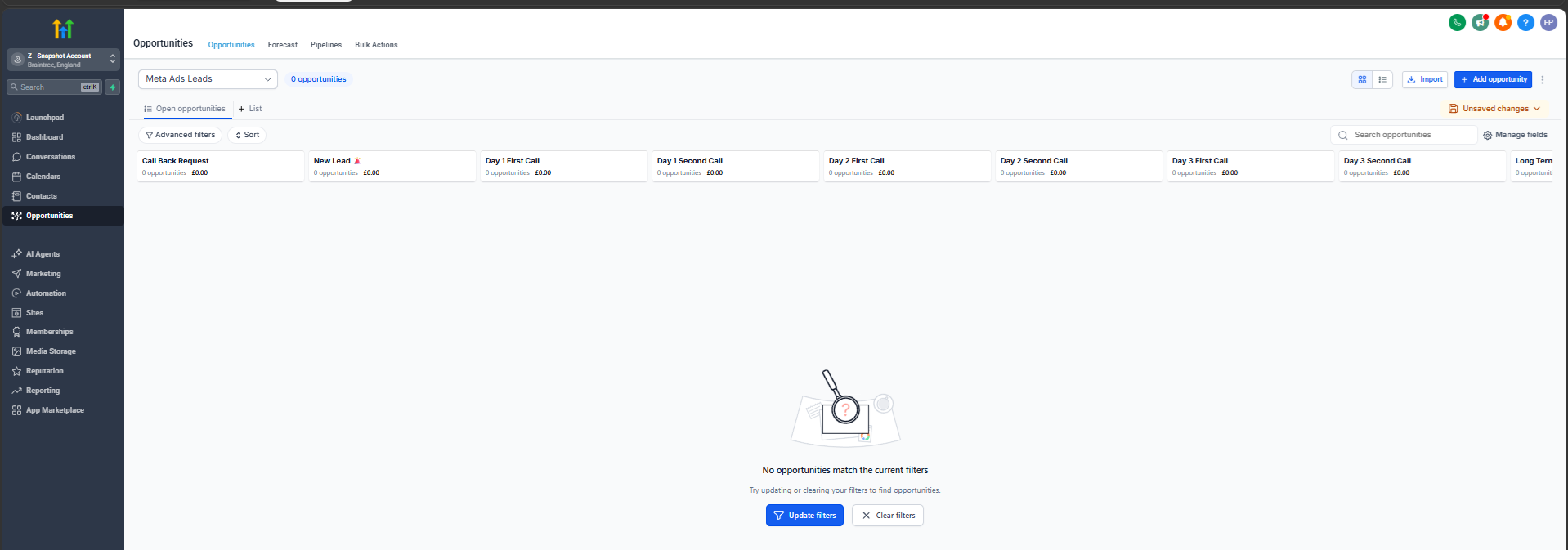 Meta Ads Lead Pipeline — customized stages for new leads, callback requests, and successive follow-up calls.