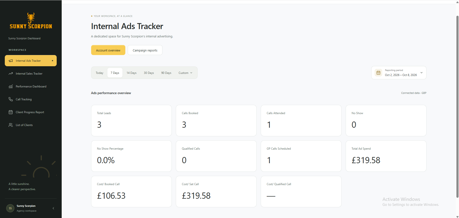 Internal Ads Tracker — advertising overview with leads, booked calls, attendance, spend, and cost-per-call metrics.